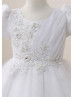 Short Sleeves Beaded White Lace Organza Flower Girl Dress